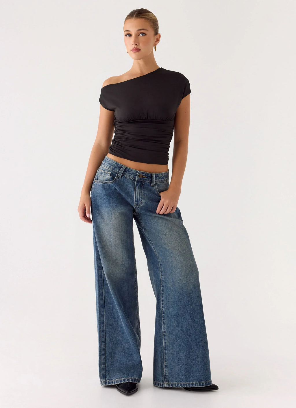 Neo Low Rise Wide Leg Denim Jeans - Vintage Blue Bleach Wash