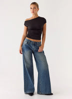 Neo Low Rise Wide Leg Denim Jeans - Vintage Blue Bleach Wash