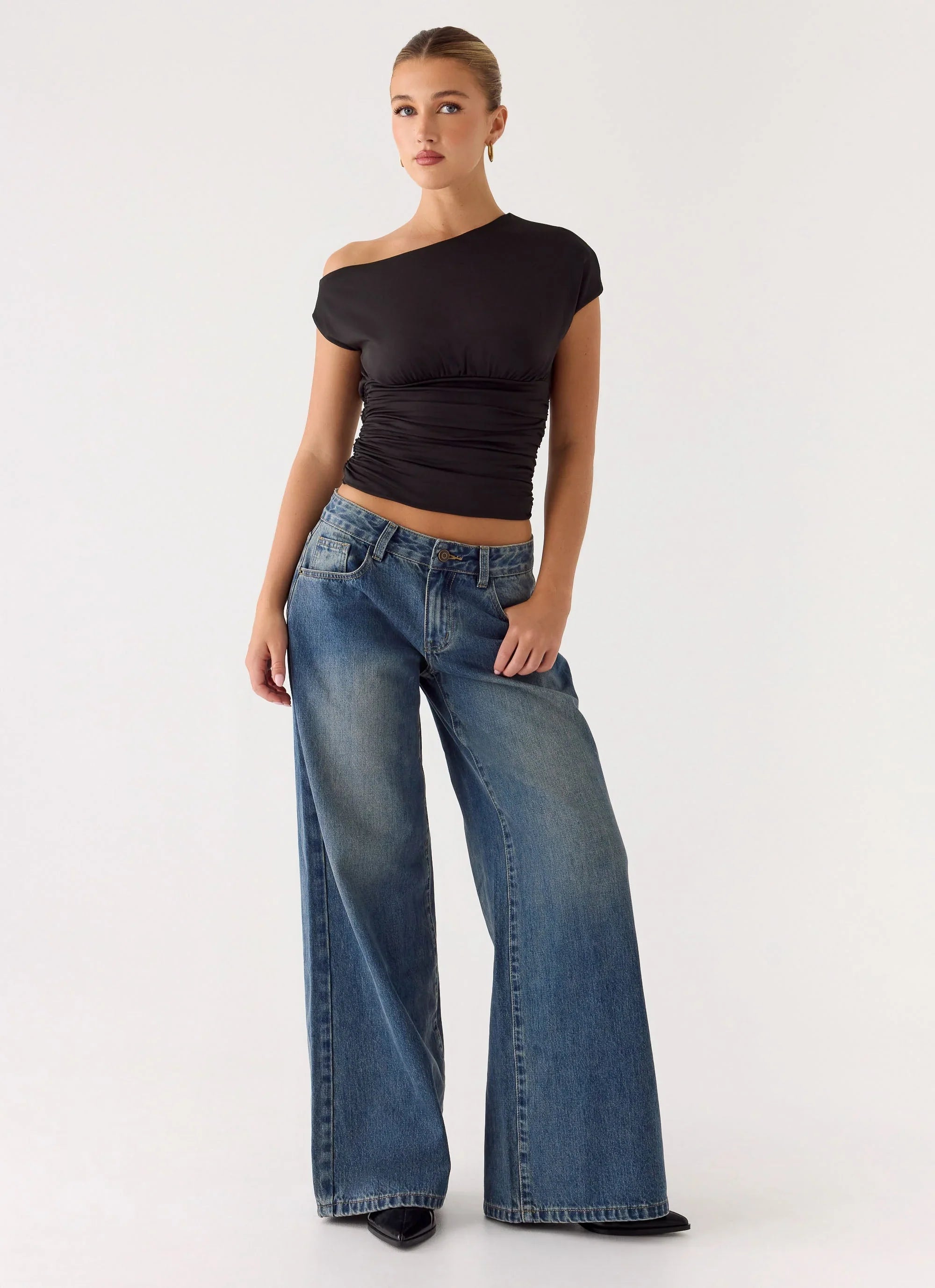 Neo Low Rise Wide Leg Denim Jeans - Vintage Blue Bleach Wash