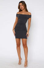 Never Surrender Off Shoulder Mini Dress Charcoal