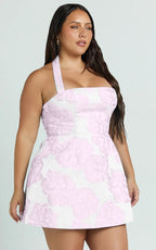 Gabbie Mini Dress - Jacquard Halter Fit And Flare Dress in Pink