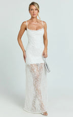Alana Maxi Dress - Lace Sequin Cowl Neck Dress in White
