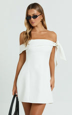 Cecilia Mini Dress - Off Shoulder Tie Detail Dress in White