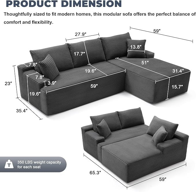 Cloud-style modular sofa, armless living room sofa, camel | L-shaped modular design, right-facing chaise, deep seating with back support, kid- and pet-friendly, suitable for apartments and living rooms